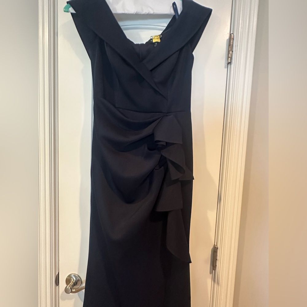 Xscape Asymmetrical off the shoulder navy dress